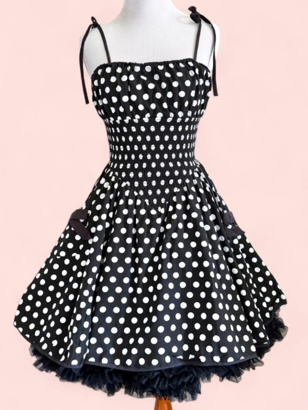 Vintage Betsey Johnson Black and White Polka Dot Tie-Shoulder midi Dress size 6